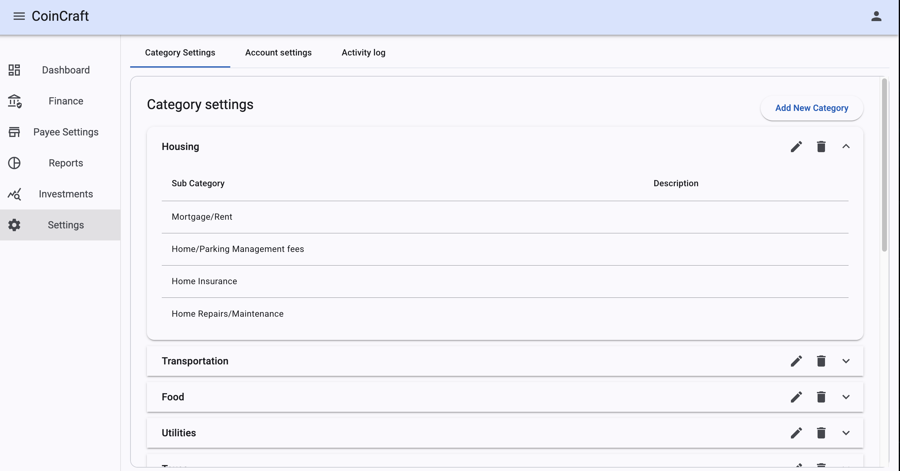 Manage categories and accounts